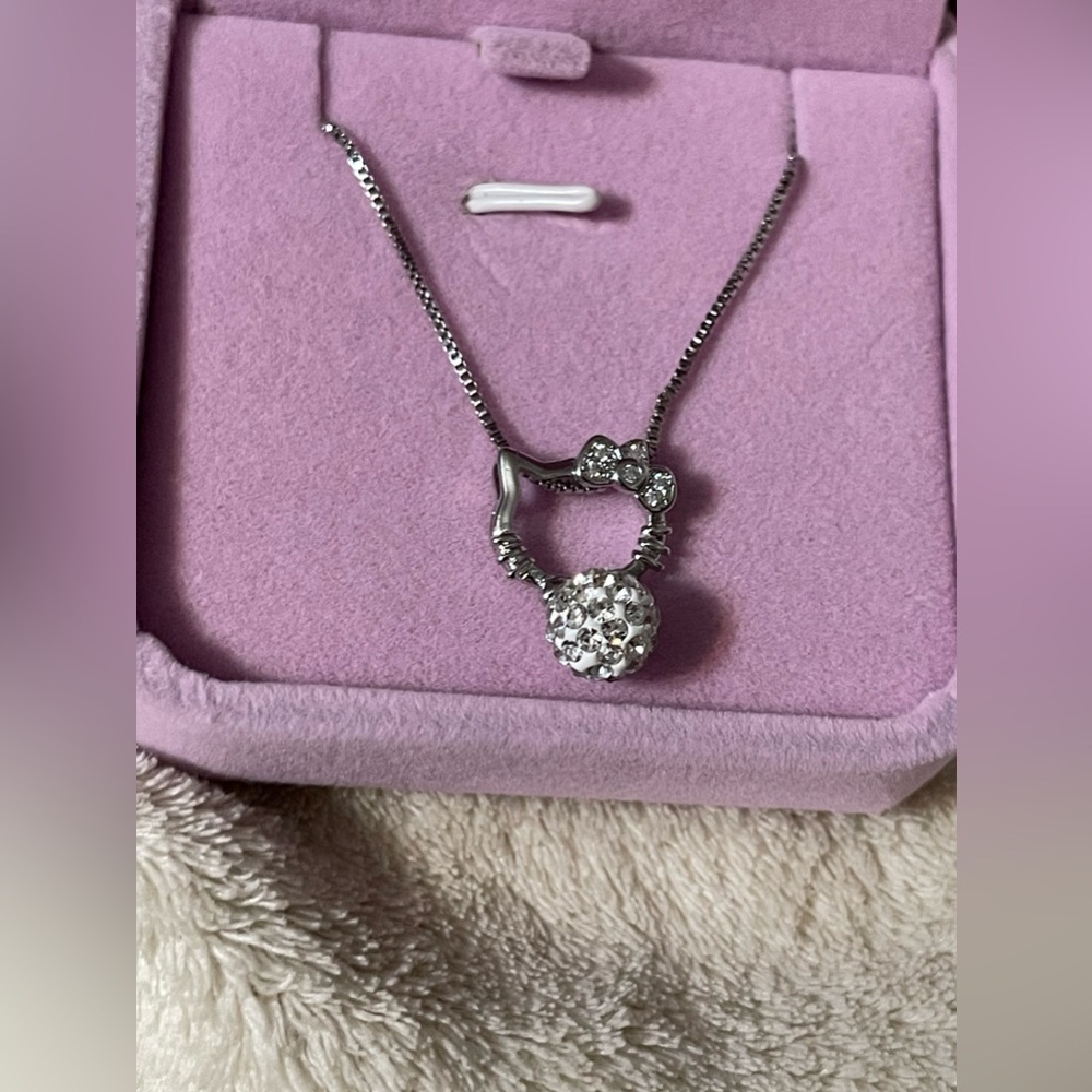 Hello Kitty 925 Sterling Silver Pendant Necklace Rhinestone Ball Pendant